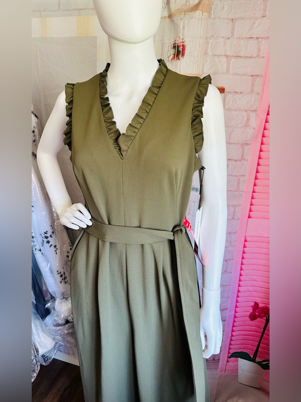 Calvin Klein Olive Green Ruffle Wide Leg Belted Jumpsuit - Picture 2 of 11